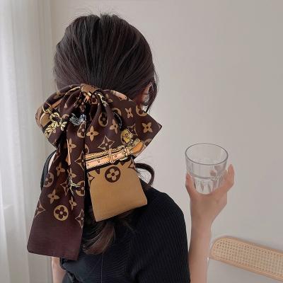 China Ouyang Nana Same Style Classic Style Long Silk Scarf Advanced Vintage Printed Small Long Hair Band Tie Hair Rope Female Ribbon for sale