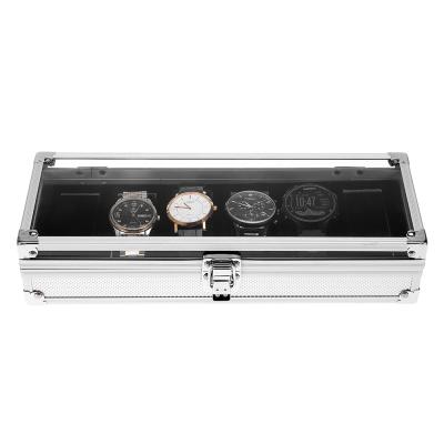 China Portable with Handle Custom Size Watch Storage Box Aluminum Luxury Lockable Watch Box with Glass Lid for sale