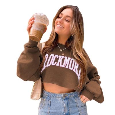 China Street Style QUICK DRY Letter Printing Loose Short Cropped Hoodie Women's Round Neck Pullover Autumn 2021 New T-shirt New for sale