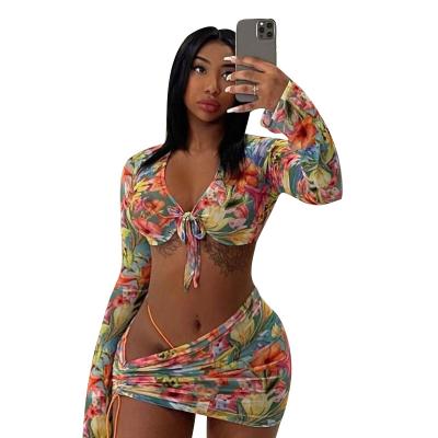 China Breathable Women Apparel Summer 2021 New See Through Tie Dye Printed 3 Piece Set Womens Irregular Drawstring Long Sleeve Mini Skirt Suit for sale