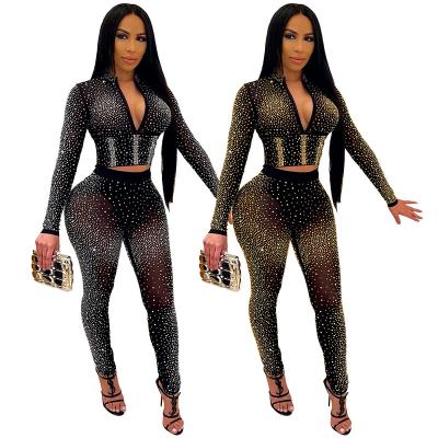 China QUICK DRY sexy long sleeve zipper jacket with slim pencil pants hot drill see through all night club two piece set for women for sale