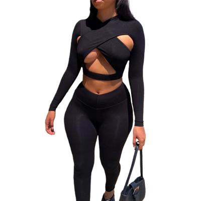 China Hole Waist Solid Color Bodycon QUICK DRY Club Hollow Long Sleeve High Outfits Clothes Two 2 Piece Set Sexy Women for sale