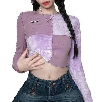 China New 2021 Fall Color Trendy Contrast Stitching QUICK DRY Slim Knit Round Neck Long Sleeve Short Crop Top T-Shirt For Women for sale