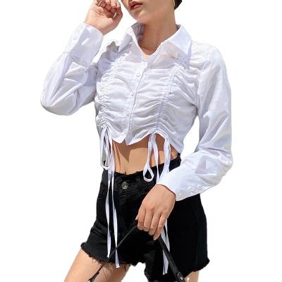 China Temperament breathable commuter straight solid color pleated lapel long-sleeved shirt crop top female Autumn New 2021 for sale