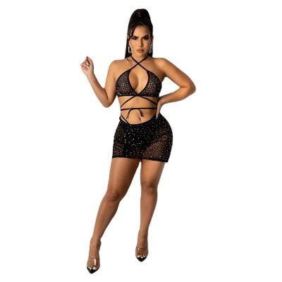 China Plus Size Lingerie Hot Transparent Sexy Large Mature Woman Two Piece Chest Wrap Cover Up Hip Skirt Rhinestone See Through Sexy Night Club Wear Lingerie Set for sale