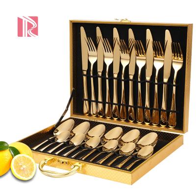 China Sustainable 24 Pieces Stainless Steel Luxury Cutlery Set Eco Friendly Reusable Dinnerware Set With Box Gold Cutlery Set for sale