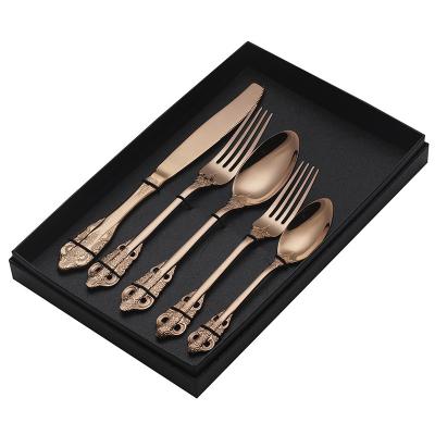 China RONGYE 5 Piece Viable High Quality Flatware Low MOQ Set 304 Stainless Steel Flatware Set Luxury Wedding Gift Box Gold Flatware Set for sale