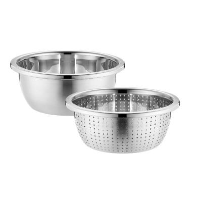 China RONGYE Workable Stainless Steel Mixing Bowl Set with Holes Strainer Bucket Rice Sifters for Kitchen for sale