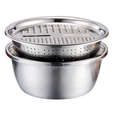 China Viable Kitchenware 3 in 1 Stainless Steel Fruit Wash Bowl Drain Basket Vegetable Grater for sale