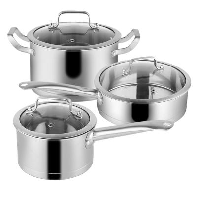 China Sustainable Kitchen Cookware 3 Piece Combination Camping Pot Set Stainless Steel Cooking Pot Set for sale