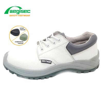 China Breathable PU Injection AEGISEC Oil Slip ESD Safety Shoes White Genuine Leather Toe Cap Safety Shoes Men White Genuine Leather Resistant Steel Work for sale