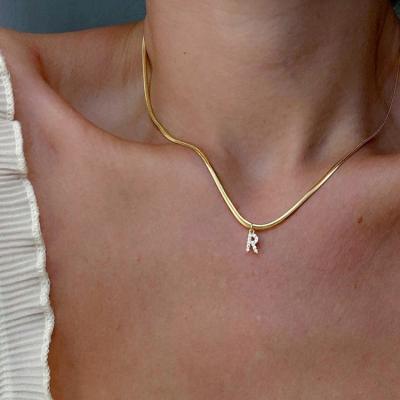 China CLASSIC Snake Chain Flat Stainless Steel 3mm Personality Herringbone Necklace With Diamond Initial Letter Alphabet Charm Pendant for sale