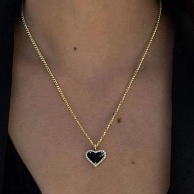 China CLASSIC Women Agate Diamond Heart Pendant Necklace Brass Imitation Necklaces Black Onyx Gold Plated OEM CLASSIC Link Chain About 10 Days for sale