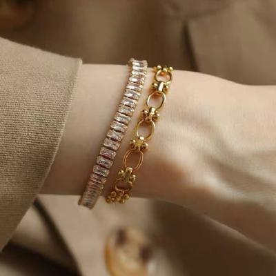 China CLASSIC Non Tarnish Jewelry 18K Gold Plated Square Zircon Diamond Gemstone Stainless Steel Bangle Bracelets for sale