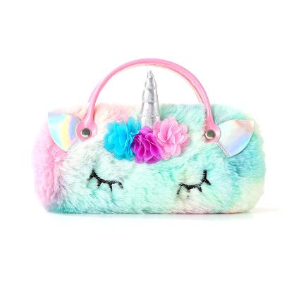 China Plush Plush Unicorn Glasses bag Kids Tote Zero Wallet Cartoon cute Portable pressure resistant folding stuffed glasses bag for sale