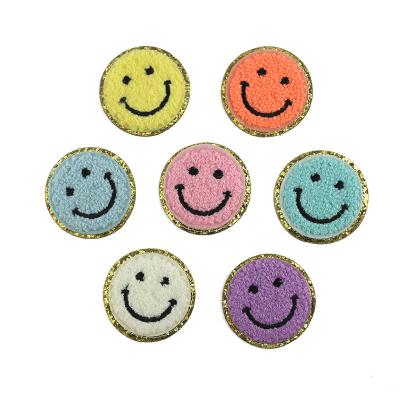 China Cheap Price Fashion Embriodery Patch For Clothes 5cm Face Towel Embroidery Smile Fabric Pasted With Gold Onion Powder Glite Embroidery DIY Patch Self Adhesive Patch for sale