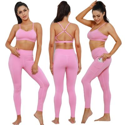 China New Sports Bra Fitness Yoga Seamless Tight-fitting Nylon Running Pants Pockets Stitching Yoga Clothing Suit for sale