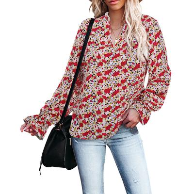 China Anti-wrinkle 2021 Autumn/Winter Women's Fashion V-neck Hot Selling Long Sleeve Printed T-shirt J11836 for sale