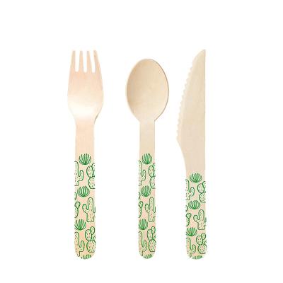 China 100pcs hotel restaurant custom colorful printed disposable spoon and fork set home wrapwooden spoon for sale