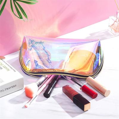 China Fashion Custom Logo Clear Transparent Holographic Makeup Bag Make Up Pouch PVC Cosmetic Bags For Women for sale