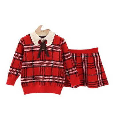 China ENGLAND STYLE baby clothes sets winter warm sweater outfits girls O-neck sweaters coat + tutu skirt suits kids clothing for sale