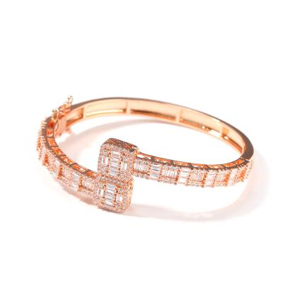 China Hot Sale CLASSIC CZ Baguette Women Charm Bracelets Iced Out CZ 18K Gold Bangles Box Luxury Clasp Striker Wholesale Jewelry for sale