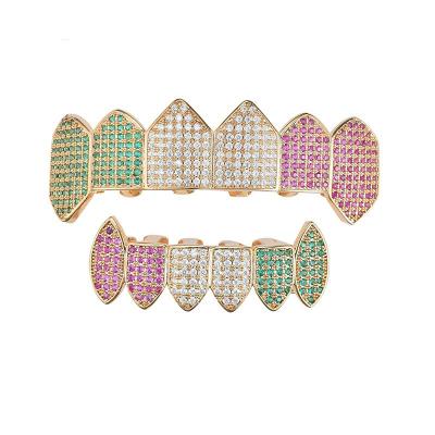 China 2020 Hiphop Big Gold Big Teeth Gold Teeth Microset Zircon Color Grillz Teeth Fashion Jewelry for sale