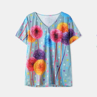 China 2021 Viable New Summer Blouse Large Print Hot Selling V-neck Knit T-shirt For Women With Short Sleeves for sale