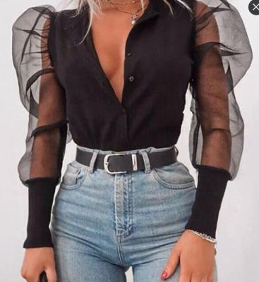 China 2021 Viable Hot Selling Deep V Neck Buttons Mesh Blouse Shirt Simple Fashion Solid Color Slim Sleeve Puff Crop Top for sale