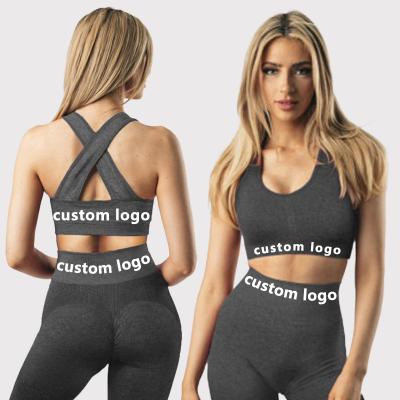 China Logo Women Clothing Sport Wear Breathable Criss-Cross Custom Bra And High Waist Leggings Gym Fitness Sets for sale