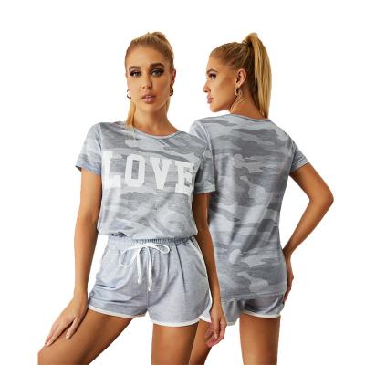 China Wholesale Custom High Quality Anti-Static Women's T-Shirt And Shorts Gray Camo Letter Print Short Set For Women for sale