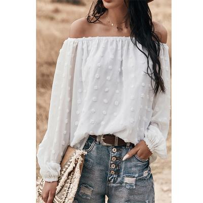 China Anti-Wrinkle 2021 Dot Tops Ladies Blouses and Shirts One Shoulder Dot Mesh Tied Shirts Women White Polka Dot Summer Women Clothing for sale