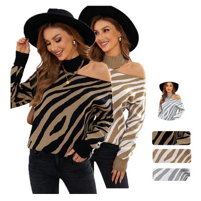 China Breathable Soft Korean Style Turtle Neck Women's Long Sleeve Pullover Zebra Print Mocking Neck Off Shoulder Sexy Sweater for sale