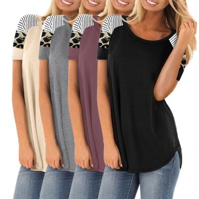 China 2021 Fashion Tops O Neck Anti-Shrink Striped Leopard Print T-shirt Women's Short Sleeve T-shirt for sale