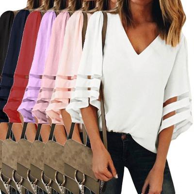 China Anti-pilling 2021 Wholesale Cheap Tops Women Fashion Half Sleeve V-Neck Flare Sleeve Slit Loose Blouse for sale