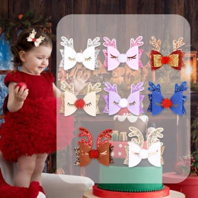 China Party Christmas Antler Hairpin Kids Bow Clip Christmas Glitter Side Hair Clips For Baby for sale