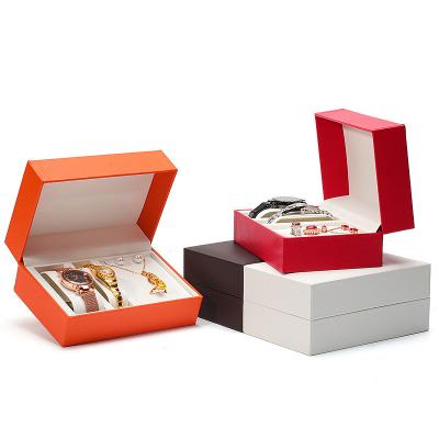 China Fashionable Flip Pu Watch Box Couples Pairs Watch Box Watch Necklace Set Gift Box In Stock for sale