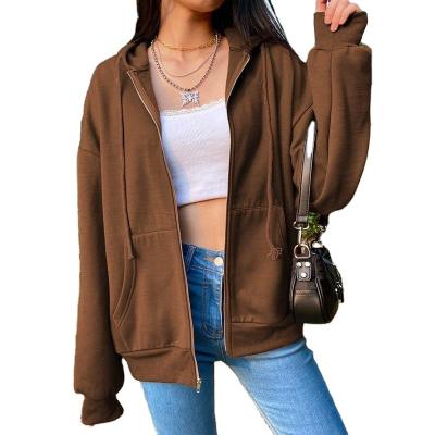 China Breathable Brown Zip Up Sweatshirt Winter Jacket Clothes Oversized Hoodies Women Plus Size Vintage Pockets Long Sleeve Pullovers 2021 Custom Made for sale