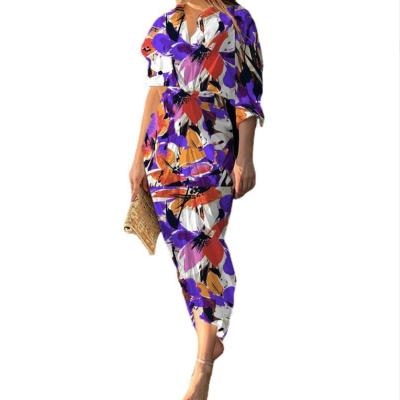 China Floral Print Pleat Vintage Dress Single Breasted Lapel Sleeve Office Maxi Dress Party Long Dress Elegant Single Women Long Dress for sale