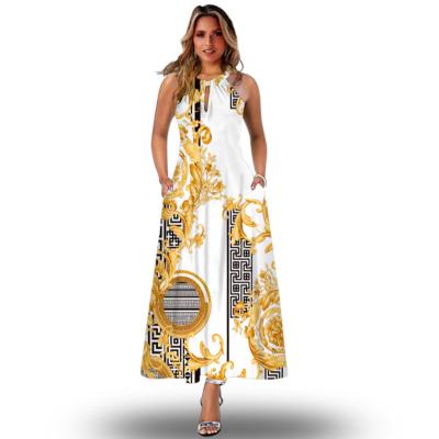 China Sexy Summer Straps Women Dress Long Casual Elegant Party Beach Vacation Vestidos Chain Printing Loose Sleeveless Dresses for sale