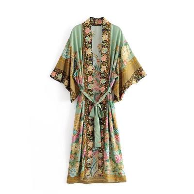 China Summer Happies Tassel V-Neck Ladies Kimono Women Peacock Floral Print Batwing Sleeve Beach Bohemian Long Dress Bohemian Cover-up for sale