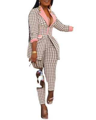 China Elegant Lady Pants Sets Print Office Ladies Breathable Long Sleeve Corset Blazer Coat Pants Long Set Women's Fruit Collar Suit Two-Piece Suit for sale