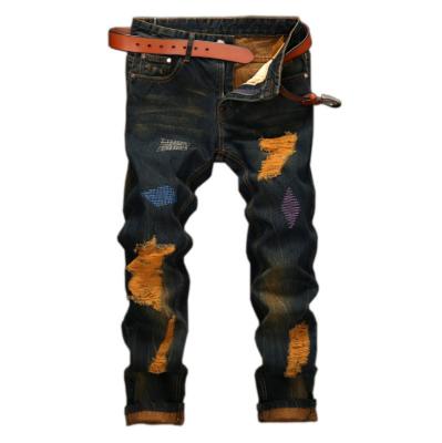 China Hole Hip Hop Jeans Men Autumn Cotton Stripe Vintage Blue Breathable Ripped Male Pants Soft Black Pants for sale