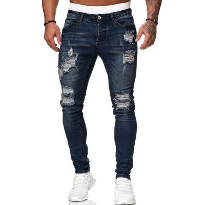 China Breathable Men's Skinny Blue Ripped Hole Slim Fit Pencil Pants Casual Biker Pants Male Ripped Skinny Outwears Trousers for sale