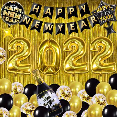 China Fun 2022 Party Supplies Champagne Foil Balloon Black And Gold Foil Balloons 26 PCS Latex Balloons Fringe Foil Metallic Curtains for sale