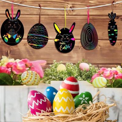 China Fun Easter Eggs Bunny Chick Ornament Scratch Art Set for Kids Magic Rainbow Scratch Paper Art Decoration Easter Party for sale