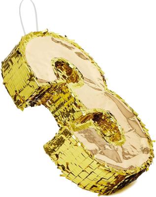 China Fun number 3 gold foil party pinata for third birthday, centerpiece decoration, 15.5 x 10.5 x 3 inches for sale