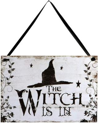 China Fun Halloween Trick or Treat Welcome Sign Plaque Hanging Wooden Sign for Haunted House - Witch is in the Decorations for sale