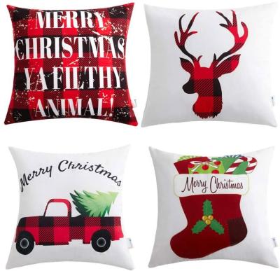 China Fun Christmas Pillow Covers 18x18 Red and Black Buffalo Check Velvet Checkerboard Christmas Truck Deer Socks for sale