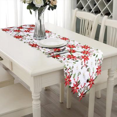 China Fun Embroidered Christmas Table Runner Holly Poinsettia Deluxe Table Runner for Christmas Decorations 15 x 70 inches for sale